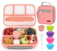 MaMix Bento Box Adult Lunch Box, Lunchable Containers for Kids Adults with 4 Compartments + Lunch Bag, with Utensils, Sauce Jar, Muffin Liners (pink set)