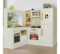 MAMIZO Corner Play Kitchen for Kids, Wooden Pretend Toy Kitchen, Large Toodler Cooking Playset w/Refrigerator, Stove w/Light & Sound, Disinfection Locker, Water Dispenser, Sink, Home Modern (Beige)