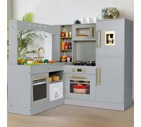MAMIZO Corner Play Kitchen for Kids, Wooden Pretend Toy Kitchen, Large Toodler Cooking Playset w/Refrigerator, Stove w/Light & Sound, Disinfection Locker, Water Dispenser, Sink, Home Modern (Gray)
