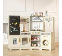 MAMIZO Wooden Corner Play Kitchen, Large Ultimate Interactive Toddler Pretend Kids Kitchen Playset with Blackboard, Stove & Range Hood w/Light & Sound, Ice Maker, Washing Machine, 6 Toy Set (Cream)