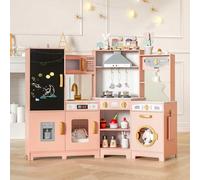 MAMIZO Wooden Corner Play Kitchen, Large Ultimate Interactive Toddler Pretend Kids Kitchen Playset with Blackboard, Stove & Range Hood w/Light & Sound, Ice Maker, Washing Machine, 6 Toy Set (Pink)