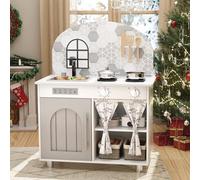 MAMIZO Wooden Play Kitchen with Real Sound, Children's Play Kitchens with kids kitchen 5 Pcs Accessories, Toy Kitchen for Age 3+, Simulated Gas Cooker, Clicking Knobs, Faucet, Storage Cabinets (White)
