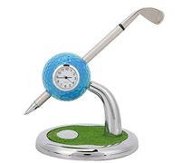 MAMJENNI Golf Ball Pen Holder with Clock, for Office, Desk Organizer, Stainless Steel Base, Green Golf Course Design, Gift for Men (Blue)