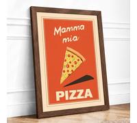 Mamma Mia Pizza Poster Retro Framed Wall Art Print A2 (59.4×42cm) Walnut, Wall Decor for Living Room, Bedroom, Office & Home, Ready to Hang, Art Gift