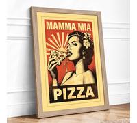 Mamma Mia Pizza Retro Framed Wall Art Print A2 (59.4×42cm) Oak, Wall Decor for Living Room, Bedroom, Office & Home, Ready to Hang, Art Gift