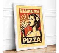 Mamma Mia Pizza Retro Framed Wall Art Print A4 White