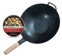 Mammafong Large Flat Bottom 16-inch Traditional Carbon Steel Wok Pan - Authentic Hand Hammered Woks and Stir Fry Pans - Pow Wok with no Chemical Coating
