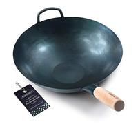 Mammafong Pre Seasoned Blue Carbon Steel Flat Bottom Wok -14 Inch Chinese Pow Wok - Traditionally Hand Hammered Woks and Stir Fry Pans