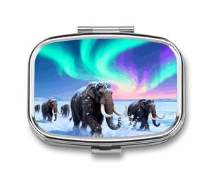 Mammoth Migration Pill Box Travel Pill Organizer 2-Compartment with Mirror Design Portable Square Medicine Case for Vitamins, Jewelry & Essentials Durable Pocket Pillcase for Purse, Camping