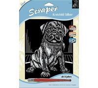 Mammut 136055 Scratching Picture, Pug Dog Motif, Silver, Glossy, Complete Set with Scratching Knife and Exercise Sheet, Scraper, Scratch, Doodle, Scratch Set for Children from 8 Years