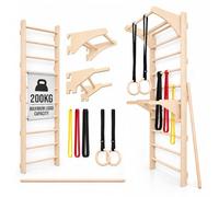 MAMOI Wall bars with pull-up handle, Ringo, Dip bars and bands | Wall-mounted fitness ladder with pull-up handle, Ringo, Dip bars, resistance bands and stretching stick; full-body training