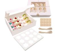 MAMUNU 10PCS 12 Cavity Cupcake Boxes with Window and Inserts, White Bakery Cookie Carrier Boxes Containers Holders with Stickers and Twine String for Muffins Cupcakes Pastries - 32.5 x 24.8 x 9cm