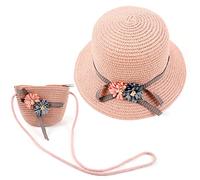 MAMUNU Girls Sun Hat and Mini Cross Body Bag Sets, Summer Beach Straw Hat and Mini Purse Set, Flower Straw Hat for Kids Girls Holiday Outdoor Activities Travel Pink