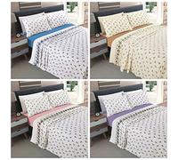Mamushi Thermal Rosebud Flannelette Sheet Set - 100% Brushed Cotton Fitted Sheet & Flat Sheet + Pillowcases (Blue, King Size)