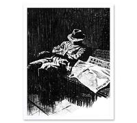 Man Asleep Rain Bench Dog Art Print Framed Poster Wall Decor 12x16 inch