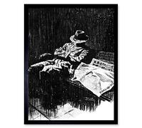 Man Asleep Rain Bench Dog Art Print Framed Poster Wall Decor 12x16 inch
