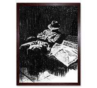 Man Asleep Rain Bench Dog Art Print Framed Poster Wall Decor 12x16 inch