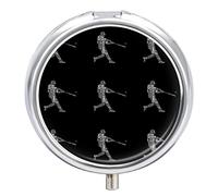 Man Baseball Batter Hits The Ball on Dark Iron Pill Box Case Organizer with Internal Separate Plastic Dividers, Travel Small Medicine Bag Holder Carrier Round Container