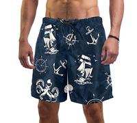 Man Beach Shorts Nautical Sailing Ship Navigational Compass Wheel Octopus Lobster Swordfish Swim Trunks Elastic Swimsuit Board Shorts for Men,M