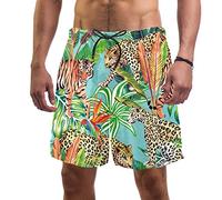 Man Beach Shorts Tiger and Leopards Jaguar Jungle Animal Leaves Swim Trunks Elastic Swimsuit Board Shorts for Men,XL