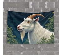 Man CABE Decor A White Goat with Golden Horns Stands Amidst Lush Greenery Under A Starry Night Sky Tapestry Beer Decorations for Man Cave Bar for Man Cave(75X100CM)