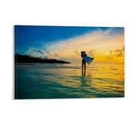 Man Carrying Woman on His Back at The Beach Poster Vintage Art, Wall Canvas, Decoration Aesthetic, Living Room, Kids Room Dormitory, Cafe, Bathroom, Suitable for Bedroom, Gym, Cool Classic 20x30inch(5