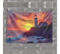 Man Cave Bar Sunset at The Lighthouse: A Serene Coastal Scene Tapestry Outdoor Bar Decor Aesthetic Room Decor(100X150CM)