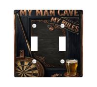 Man Cave Pub Game Quote Dartboard Vintage Double Light Switch Cover Plate | Billiards Cue, Beer Glass, Game Room Decor, Rustic Wood Texture, Masculine Quote