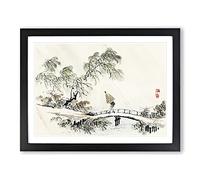 Man Crossing The Bridge By Kono Bairei Asian Japanese Framed Print | A3 Black Framed Wall Art | Ready to Hang | Asian Cityscape Picture | Living Room Bedroom Lounge Office