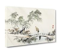 Man Crossing The Bridge By Kono Bairei Canvas Print | Gallery Wrapped 30mm Frame Wall Art | 24x16 inches | Ready to Hang | Asian Cityscape Picture | Living Room Bedroom Lounge Office