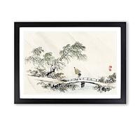 Man Crossing The Bridge by Kono Bairei Framed Print | A2 Black Framed Wall Art | Ready to Hang | Modern Cityscape Picture | Living Room Bedroom Lounge Office