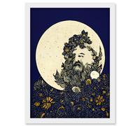 Man In The Full Moon Blue Floral Lunar Illustration Artwork Framed Wall Art Print A4 Artery8 White One Size