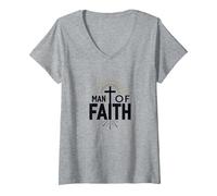 Man of Faith Religious Devotional Cross for Men V-Neck T-Shirt, Women, Heather Grey, XXL