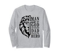 Man of God Husband Dad Protector Hero Lion Cross Christian Long Sleeve T-Shirt