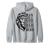 Man of God Husband Dad Protector Hero Lion Cross Christian Zip Hoodie