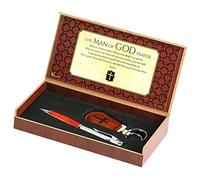 Man of God Prayer Natural Brown 7.5 x 4 Metal Pen and Key Chain Boxed Gift Set