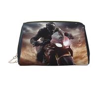 Man Ride A Motorcycle Leather Makeup Bag, Large-Capacity Travel Storage Bag, Dual-Purpose Toiletries and Makeup Bag