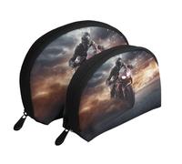 Man Ride A Motorcycle Portable Shell Makeup Bag Set (2 Pieces), Zippered Travel Toiletry Bag For Cosmetics
