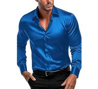 Man Romper Color Simulation Silk Satin Glossy Men's Shirt with Elastic Long Sleeves (Blue, S)