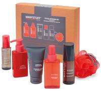 Man Stuff Total Intense Kit - Men’s Toiletry Gift Set with Body Spray, Charcoal Face Scrub, Cleansing Gel, Hair & Body Wash, Moisture Gel & Sponge - Vegan Friendly Men’s Grooming Set