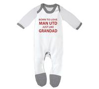 "Man Utd Baby Sleepsuit - 'Born To Love Man Utd Just Like Grandad- Soft 100% Combed Cotton Football-Themed Baby Sleepsuit for Football Fans" (UK, Age, 12 Months, 18 Months, White/Grey Trim)