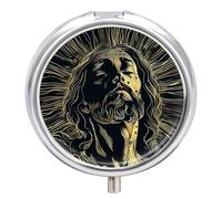 Man with Gold Outline Pill Box 3 Compartment Travel Pill Organizer 3 Times A Day Cute Mini Pill Case for Purse & Pocket Portable Metal Medicine Box with Mirror Round Daily Medicine Vitamin Container