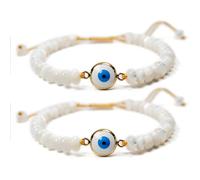 Mana Gallery Handmade Evil Eye Bracelet - White Mother of Pearl Beads with Gold-Plated Blue Eye Charm - Adjustable Macramé Cord - Protective Jewelry Gift for Women (2PCS)