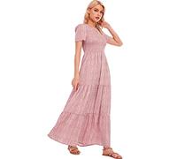 MANAIXUAN Women's Summer Casual Floral Print Party Maxi Dresses Short Sleeve A Line Long Tiered Sun Dress, Light Pink, XL