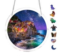 Manarola Cliffside Town Night Scene Italian Riviera 7.8x7.8Inch Round Acrylic Puzzle Unique Shape Scenic Wall Art Home Decor Hanging Ornament Creative Relaxing Activity