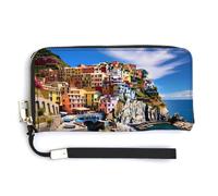 Manarola Italy - Cinque Terre Coastal Town Leather Wallet Fashion Purse Long Pouch with Wrist Strap for Men Women