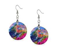 Manarola Italy in The Cinque Terre Women's Drop Earrings Wooden Dangle Pendant with Stud Hoop Jewellery Gifts
