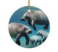 Manatee Animals Print Christmas Decorations Santa Xmas Tree Ceramic Round Hanging Keepsake Gifts Holiday