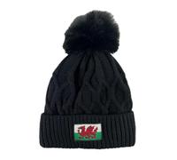 Manav Wales Flag Cable Bobble Hat | Cozy & Stylish Winter Knit Pom Pom Beanie | Classic Cable Knit Design with Embroidered Welsh Flag Badge for Rugby, Festivals & Outdoor Adventures Brown