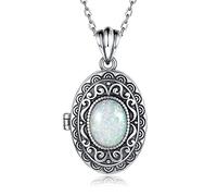 MANBU Sterling Silver Locket Necklace for Women Oval-Shaped Locket Pendant Holds Pictures Always with You Vintage Style Photos Locket Jewelry Gifts for Loved One, Sterling Silver, Created Opal